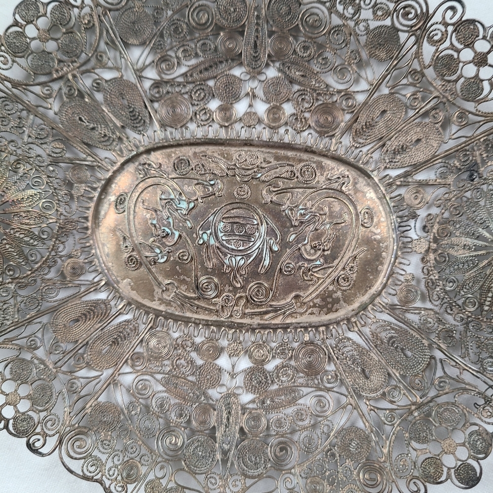Antique silver filigree tray dish Asian design beautiful wall art wall hanging - Picture 6 of 16